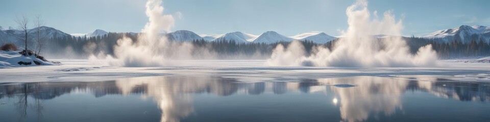 Fototapeta premium Billow of white vapor rising from the surface of a frozen lake on a cold winter day, frosty air, billow, serene landscape