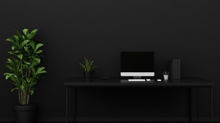 Minimalist Black Office Workspace Setup with Plants
