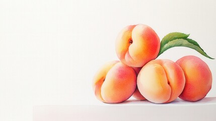 Fresh peaches arranged artistically, showcasing their smooth skin and vibrant colors, with a green leaf accenting the composition.