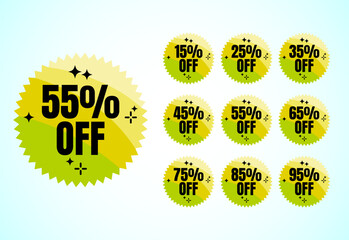 Up to 15, 25, 35, 45, 55, 65, 75, 85, and 95 percent off, Sale tags set. Sale offer sign. Special offer symbol. Discount promotion