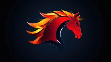 Naklejka premium A striking emblem features a red horse head adorned with fiery flames for a dramatic effect. The design showcases movement and intensity against a dark backdrop