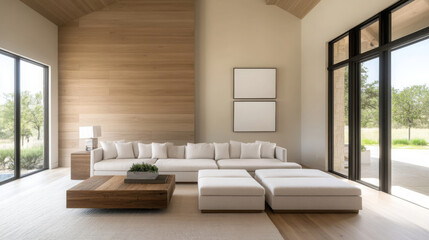 Modern interior design featuring spacious living room with sectional sofa, wooden coffee table, and large windows. neutral color palette creates serene atmosphere