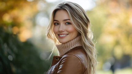 Fototapeta premium Caucasian woman in brown leather jacket at city park at sunny morningCaucasian woman in brown leather jacket at city park at sunny morning
