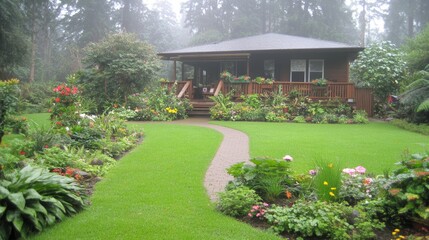 Misty Forest Cottage with Lush Garden Path