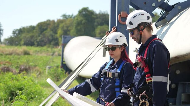 VDO 4K, Engineers in safety gear conduct a detailed inspection of wind turbine blades at a construction site. Large blades are placed on the ground, highlighting the renewable energy technology.