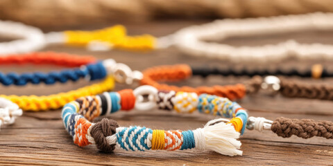 Colorful handmade bracelets displayed wooden surface, showcasing intricate designs and textures