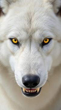 Beautiful close-up of white wolf with sharp teeth, canine teeth, canine, front view, snout, eyes