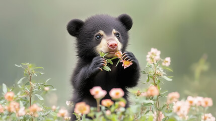 Obraz premium A playful baby bear sits amidst vibrant flowers, curiously nibbling on a leaf, embodying the charm of wildlife in a serene natural setting