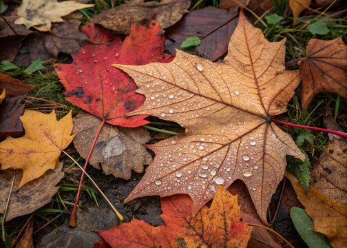 Colorful autumn leaves with dewdrops on the forest floor