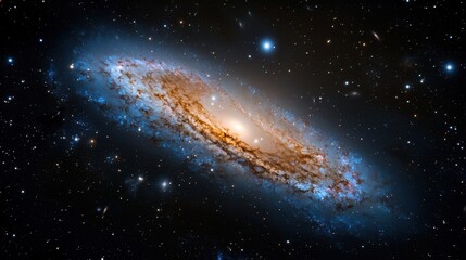 Fototapeta premium A stunning spiral galaxy captivates viewers with its luminous core and swirling arms. Surrounding stars twinkle brightly in the vastness of space, creating a mesmerizing cosmic view