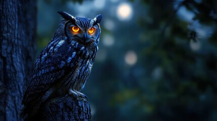 An impressive owl sits on a tree stump at night, its bright orange eyes shining through the darkened forest. The atmosphere is tranquil, surrounded by lush greenery