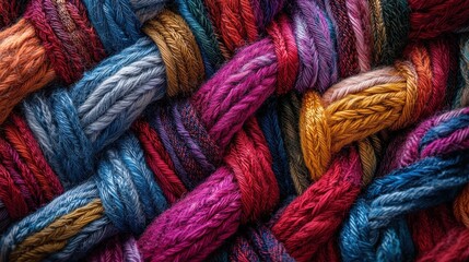 A close-up view reveals vibrant colors of braided threads interwoven together, reflecting detailed craftsmanship in textile art during the daylight