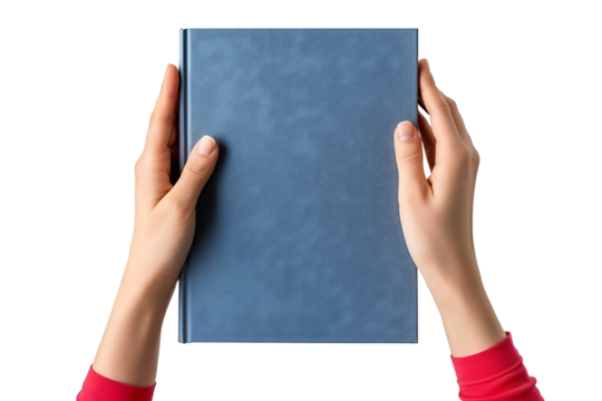 Hand holding a blue book isolated on transparent background. high resolution PNG file