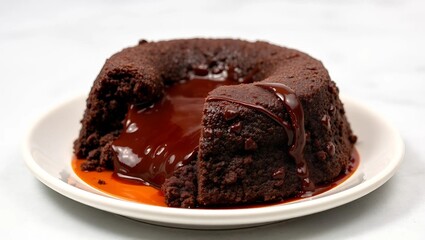 A decadent chocolate lava cake, freshly baked and oozing with warm, molten chocolate.