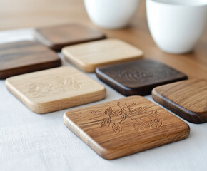 Handmade wooden coasters with intricate designs, perfect for any table setting