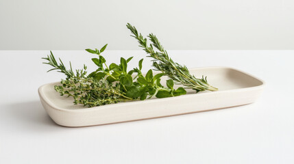 Handmade ceramic serving platter with fresh herbs like rosemary and thyme