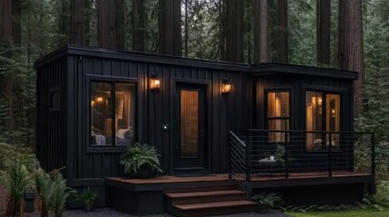 Modern Black Cabin in a Lush Forest Setting at Dusk