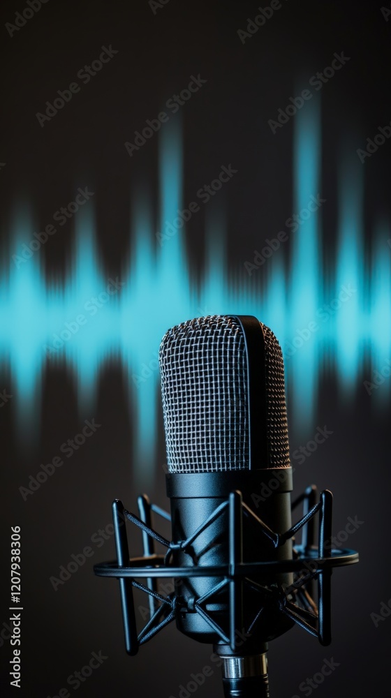 Poster Studio microphone capturing audio with a digital waveform displayed on a screen in the background, representing sound recording, music production, or voice over work