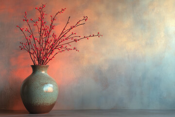 Rustic ceramic vase with red cherry blossom branches against textured wall