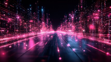 Neon cityscape data stream on reflective surface, digital background