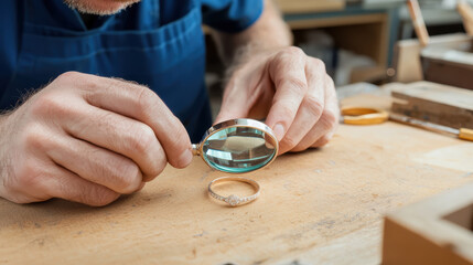 Jeweler inspecting ring with magnifying glass, showcasing craftsmanship