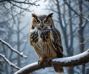 An owl's piercing gaze as it watches the snowfall from a high branch, winter scene, frozen world