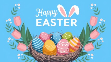 Easter Nest with Eggs and Floral Wreath