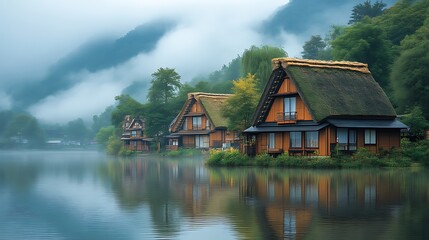Fototapeta premium Tranquil Japanese Houses Lakeside Misty Mountain View