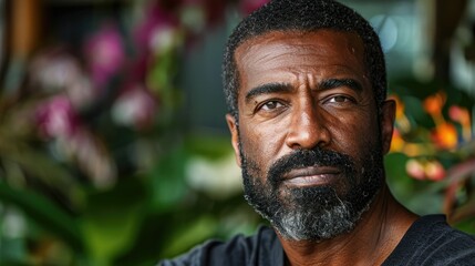 Fototapeta premium A close-up portrait of a man with a thoughtful expression, surrounded by lush greenery.