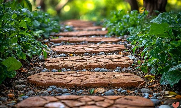 A serene pathway made of stone tiles bordered by lush greenery.