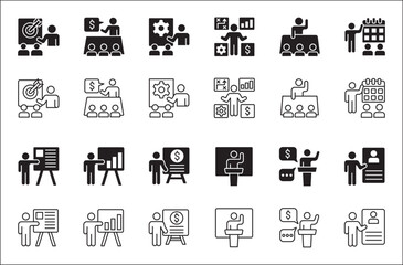 Business presentation icon set. Meeting and conference icons. Contains symbols of briefing, project, schedule, strategy, seminar, sales presentation, profile company, plan. Flat solid icon design.
