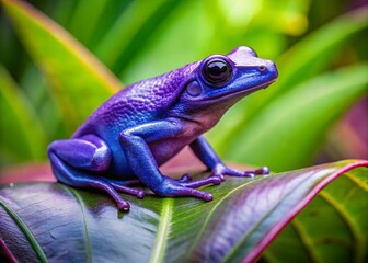 Obraz premium Tiny Purple Frog on Lush Green Leaf - Documentary Style
