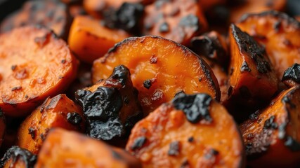 Close-up shot of caramelized sweet potato flesh with dark char, presentation, culinary art, dark char