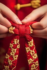 Close-up of Traditional Chinese Red and Gold Knot Making