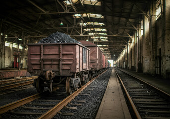 Obraz premium Industrial railway scene featuring coal wagons in an empty warehouse on a cloudy day