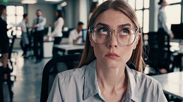 Portrait of a beautiful young businesswoman in eyeglasses is bored with an eye-roll.