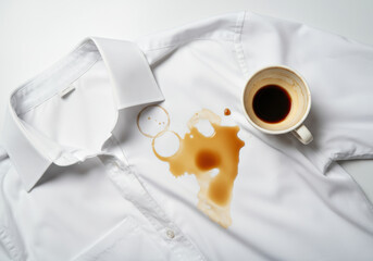 Coffee spills on a white shirt during a busy morning at the office while enjoying a quick break