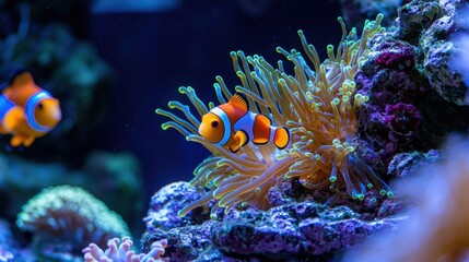 Brightly colored clownfish navigate the shimmering waters of a coral reef, surrounded by lush anemones and diverse marine life, creating a lively underwater atmosphere