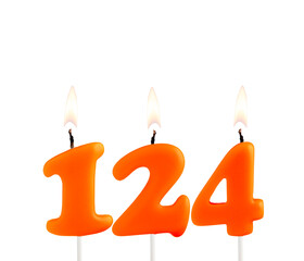 Lit birthday candle - Candle number 124 on white background.