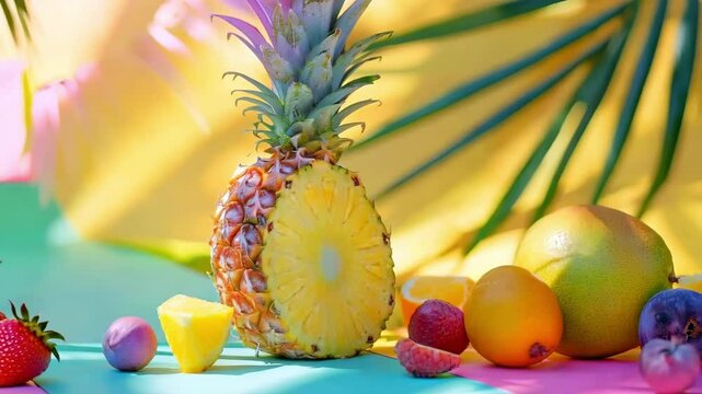 Vibrant tropical fruit display with pineapple and oranges in colorful setting
