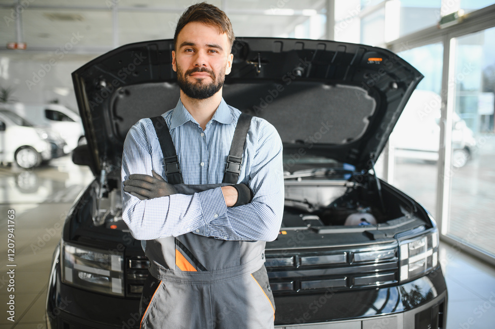 Aufkleber Troubleshooting process. Auto mechanic working in garage. Repair service