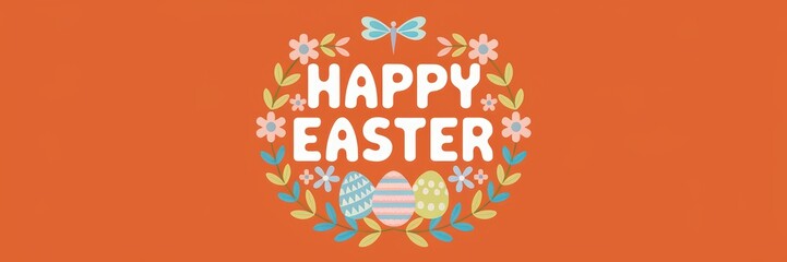 Happy Easter with Floral Wreath and Dragonfly