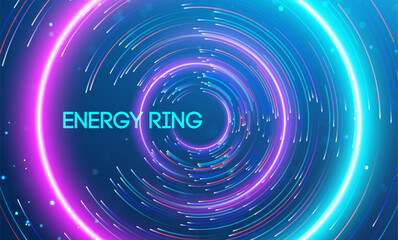 Energy ring visualized with vibrant circular light patterns in a futuristic theme. Big data and data science integration with advanced technology and artificial intelligence concepts.