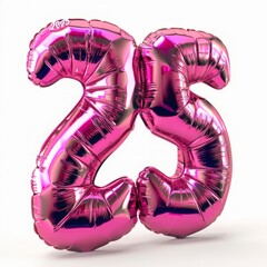 A shiny metallic pink number 25 balloon stands out against a isolated white background