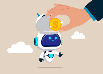 Artificial intelligence. Hand putting coin a robot head. World economic vision for business, technology or investment. Modern vector illustration in flat style