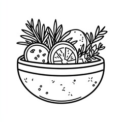 Bowl with citrus fruit and rosemary, illustration, used as a simple graphic, print or coloring book