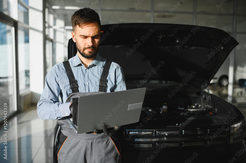 Leinwandbilder Automotive mechanic running diagnostics software on computer. Mechanic doing vehicle diagnostic test in auto service garage
