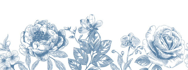 Botanical blue wedding seamless borer with flower on white background. Hand drawn floral, flower and leaf branch in toile de jouy style. Line art for wedding invitation, greeting birthday cards