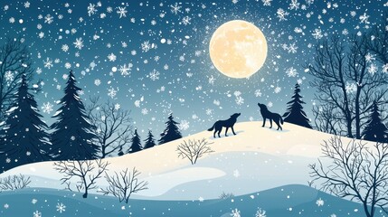 Two wolves stand on a snowy hill beneath a glowing full moon surrounded by pine trees. Snowflakes gently fall, creating a serene winter atmosphere at night