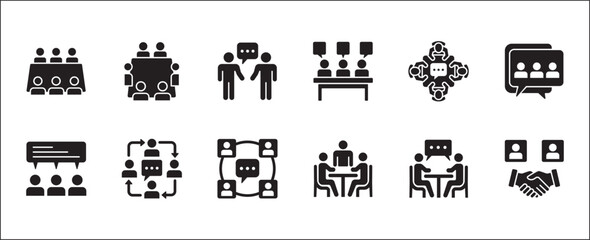 Business presentation icon set. Meeting and conference icons. Contains symbols of briefing, project, schedule, strategy, seminar, sales presentation, profile company, plan. Flat solid icon design.